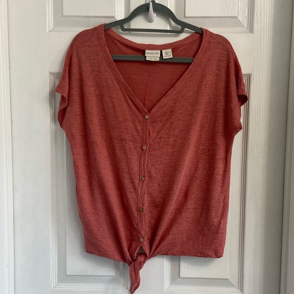 Rachel Zoe Rust Red Short-Sleeve Button Front Tie Hem Top